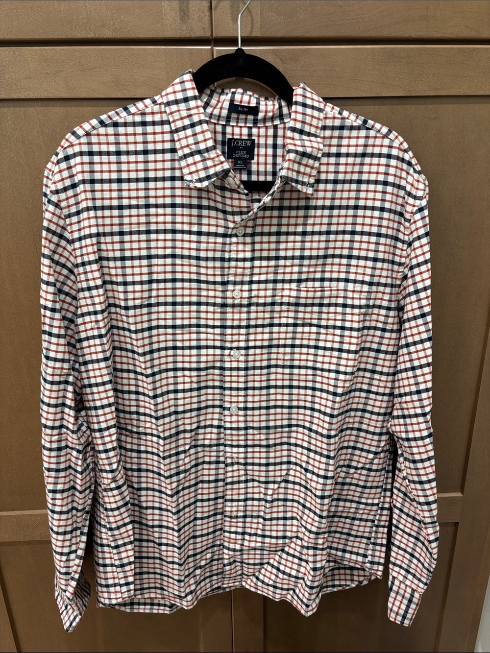 J. Crew Men’s Slim Fit White Red and Navy Plaid Button-Up Shirt